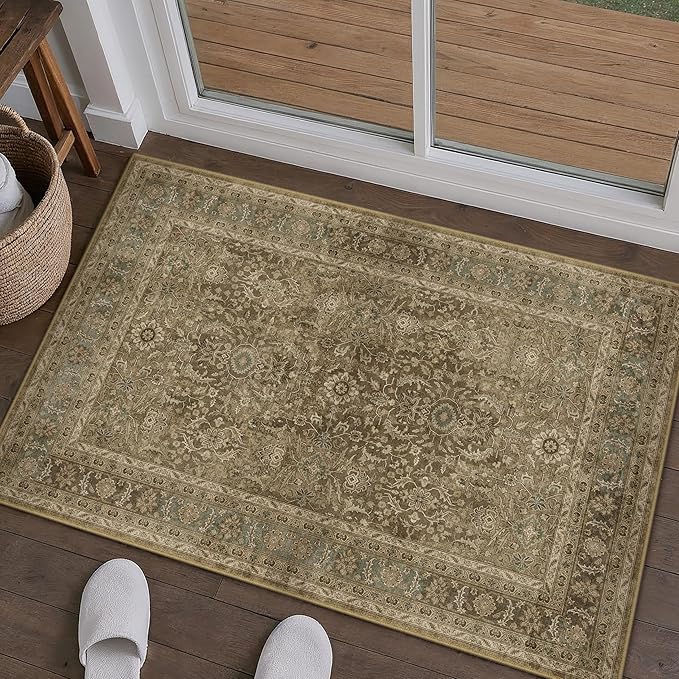 Brown 2x3 Area Rug Washable Vintage Small Carpet for Entryway Kitchen Soft Retro Floral Low Pile Thin Door Mat Non Slip Traditional Distressed Rug for Bathroom Office Bedroom Dining Room