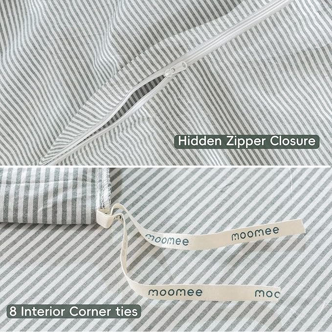 MooMee Striped Duvet Cover Set 100% Washed Cotton Linen Like Textured Breathable Durable Soft Comfy (Heathered Green Pinstripes, Twin 68"x90")