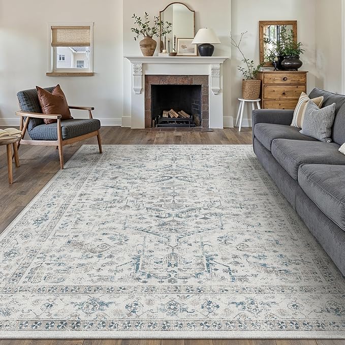 Blue 8x10 Area Rug Vintage Washable Living Room Carpet Non Slip Bedroom Indoor Office Low Pile Large Traditional Distressed Retro Accent Rug for Dining Room Bathroom Kitchen