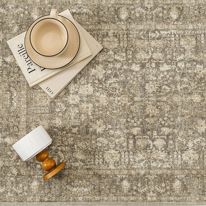 Brown Area Rug 6x9 Machine Washable Vintage Living Room Distressed Non Slip Carpet Traditional Indoor Bedroom Retro Floral Accent Throw Large Rug for Office Kitchen Dining Room