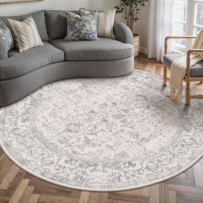 Grey Round Area Rug 6ft Entryway Door Mat Small Circle 6x6 Kitchen Vintage Carpet Non Slip Indoor Bedroom Washable Distressed Floral Retro Accent Throw Rug Office Bathroom