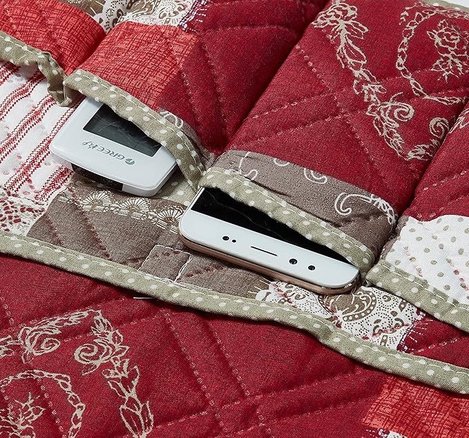 Brilliant Sunshine Burgundy Floral Patchwork Couch Armrest 5 Pockets Organizer, Slip Resistant Armchair Caddy, Washable Remote Controls Holder, Storage for Magazine, Tablet, iPad, 35×13", Burgundy