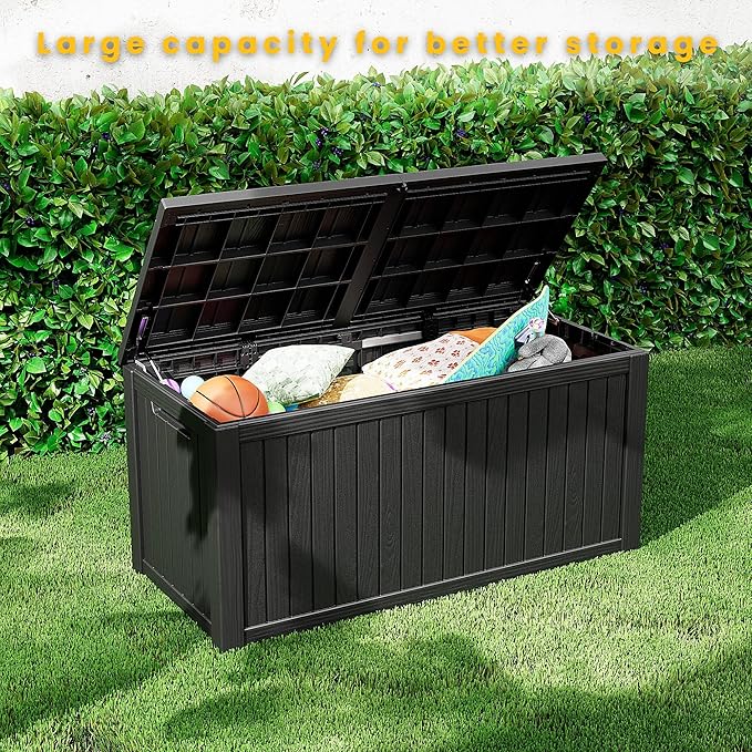 Outdoor Storage Box Waterproof, 200 Gallon Lockable Resin Large Deck Box, Patio Storage Bin for Pool Accessories Cushion Furniture, Garden Tools, UV-Resistant Outside Delivery, Black
