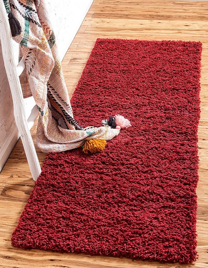 Unique Loom Solid Shag Collection Area Rug (2' 2" x 6' 7" Runner, Cherry Red)