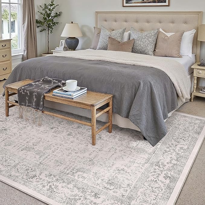 Gray Area Rug 5x7 Machine Washable Vintage Living Room Distressed Non Slip Carpet Traditional Indoor Bedroom Grey Retro Floral Accent Throw Large Rug for Office Kitchen Bathroom Dining Room