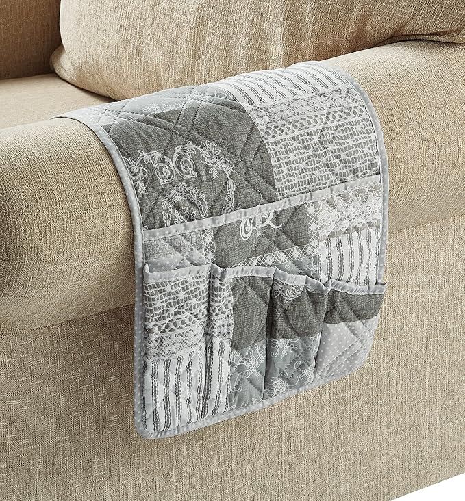 Brilliant Sunshine Grey Floral Patchwork Sofa Armrest 5 Pockets Organizer, Slip Resistant Recliner Armchair Caddy, Washable Remote Controls Holder, Storage for Magazine, Tablet, iPad, 35×13", Grey