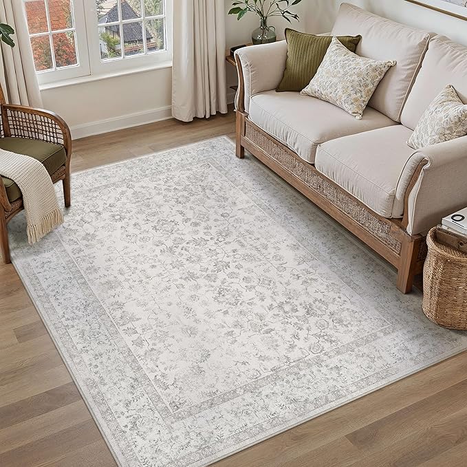 4x6 Grey Area Rug Non Slip Vintage Office Entryway Rug Distressed Machine Washable Kitchen Carpet Traditional Retro Floral Accent Throw Door Mat for Bedroom Bathroom Dining Living Room