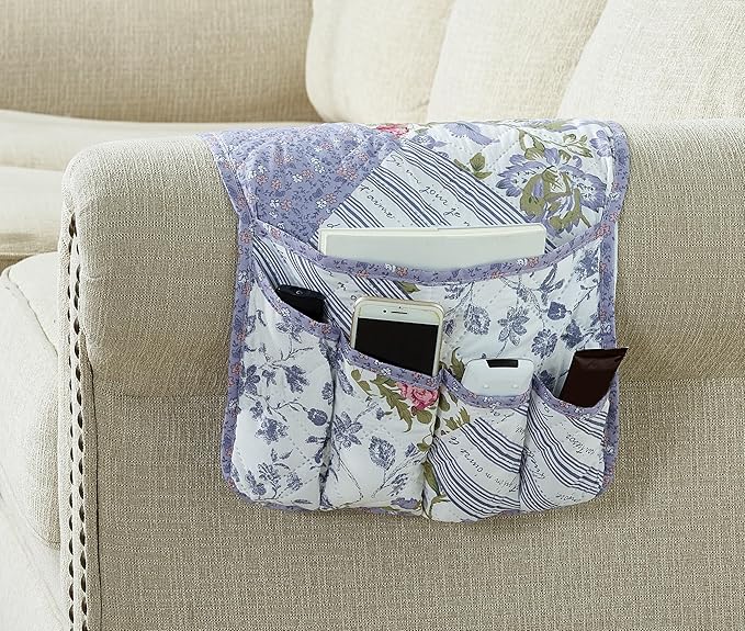 Brilliant Sunshine Rose Violet Patchwork Couch Armrest 5 Pockets Organizer, Slip Resistant Recliner Armchair Caddy, Washable Remote Controls Holder, Storage for Magazine, Tablet, Phone, Rose Violet