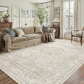 Beige 6x9 Area Rug Washable Vintage Carpet for Living Room Bedroom Large Soft Retro Floral Low Pile Thin Indoor Rug Non Slip Central Medallion Floor Cover for Dining Room Office