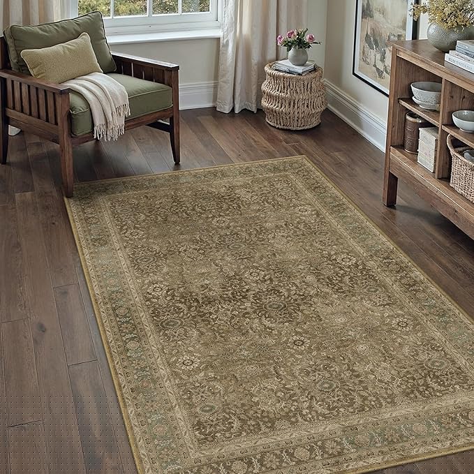 Brown 3x5 Area Rug Washable Vintage Carpet for Entryway Office Soft Retro Floral Kitchen Low Pile Thin Door Mat Non Slip Traditional Distressed Rug for Bathroom Bedroom Dining Living Room