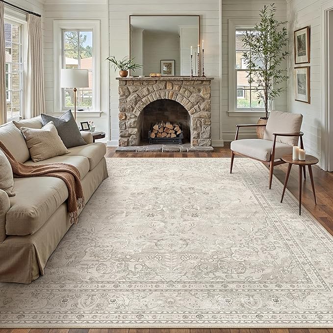 Beige 8x10 Area Rug Washable Vintage Carpet for Living Room Bedroom Large Soft Retro Floral Low Pile Thin Indoor Rug Non Slip Central Medallion Floor Cover for Dining Room Office