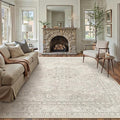 Beige 8x10 Area Rug Washable Vintage Carpet for Living Room Bedroom Large Soft Retro Floral Low Pile Thin Indoor Rug Non Slip Central Medallion Floor Cover for Dining Room Office