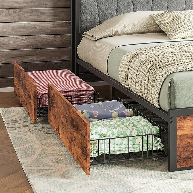 LIKIMIO King Bed Frame with 4 Storage Drawers, Platform Bed with Charged Headboard, Sturdy and Stable, No Noise, No Box Spring Needed, Easy to Install, Vintage Brown and Gray