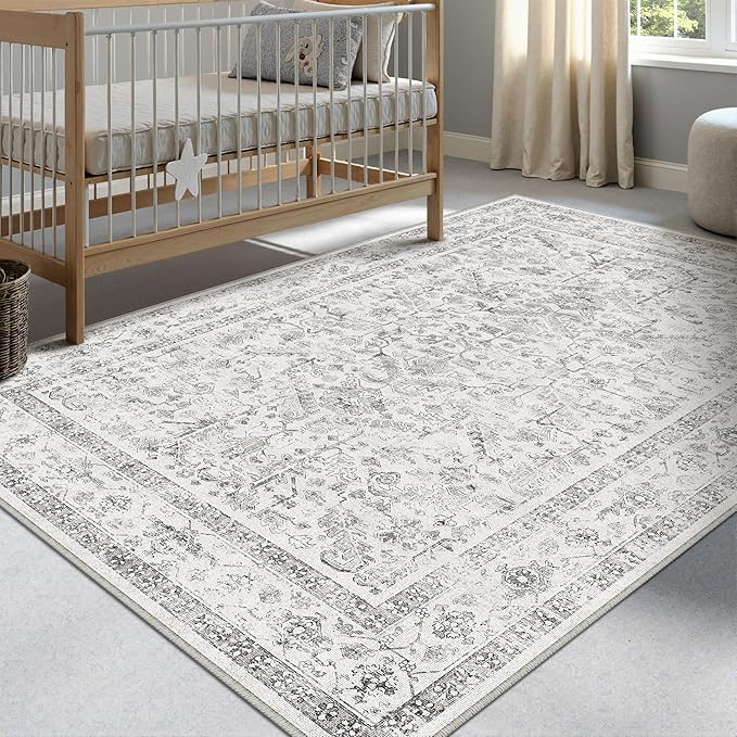 Grey 4x5 Entryway Rug Vintage Area Carpet Indoor Kitchen Washable Neutral Door Mat Entrance Small Low Pile Traditional Distressed Gray Retro Accent Throw Rug Non Slip Office Bathroom