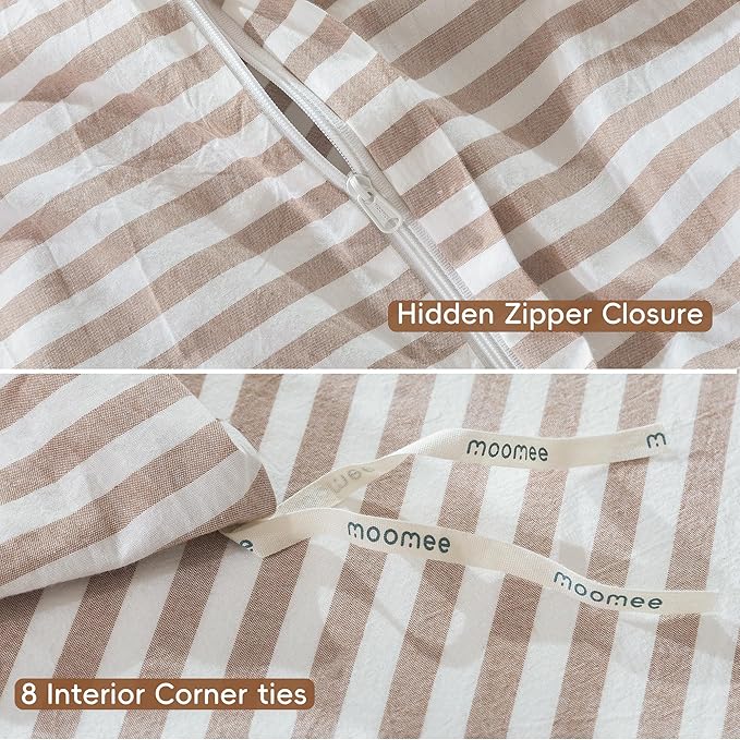 MooMee Striped Duvet Cover Set 100% Washed Cotton Linen Like Textured Breathable Durable Soft Comfy (Orange Classic Stripes, Cal King 104"x98")