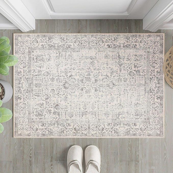 Gray Entryway Area Rug 2x3 Door Mat Machine Washable Kitchen Vintage Distressed Non Slip Carpet Indoor Grey Retro Floral Accent Throw Small Rug for Bathroom Office Bedroom Dining Living Room