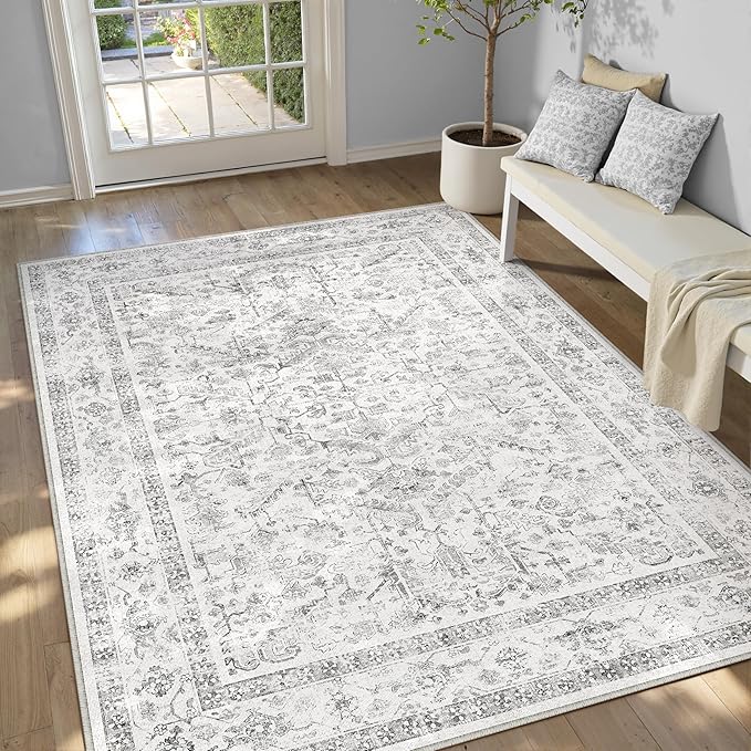 Grey 5x8 Area Rug Vintage Washable Living Room Carpet Non Slip Neutral Bedroom Indoor Office Low Pile Traditional Distressed Retro Gray Accent Rug for Dining Room Bathroom Kitchen