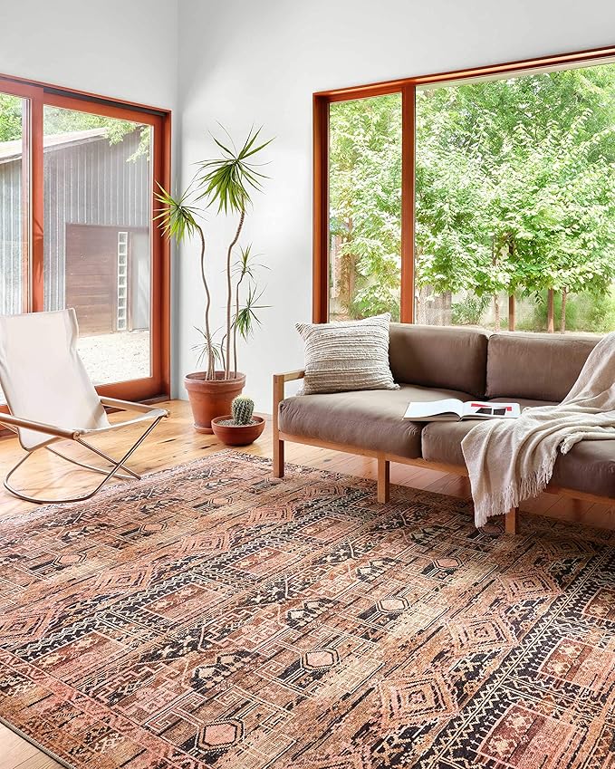 Loloi Layla Collection LAY-14 Mocha/Blush 2'-6" x 7'-6" .13" Thick Runner Rug, Soft, Durable, Vintage Inspired, Distressed, Low Pile, Non-Shedding, Easy Clean, Printed, Living Room Rug