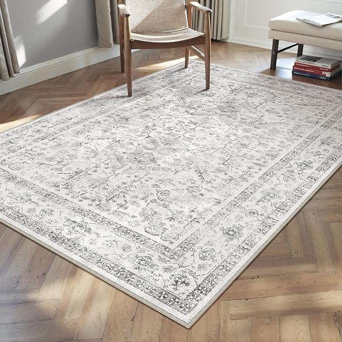 Grey 4x5 Entryway Rug Vintage Area Carpet Indoor Kitchen Washable Neutral Door Mat Entrance Small Low Pile Traditional Distressed Gray Retro Accent Throw Rug Non Slip Office Bathroom