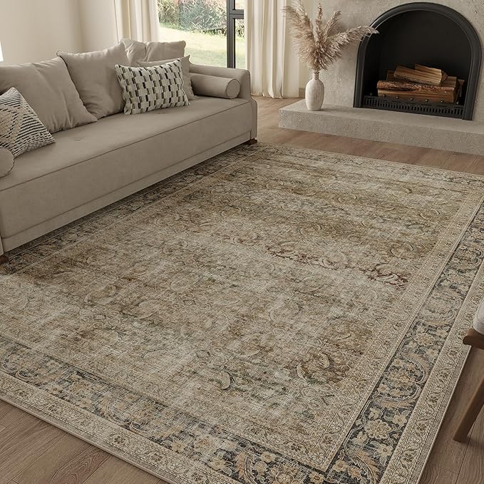 Fmfunctex 5x7 Washable Area Rug Neutral Vintage Brown Distressed Non Slip Low Pile Retro Indoor Carpet for Living Room Bedroom Soft Mat Throw Rug for Dining Office Kitchen Dorm Nursery Entryway, Multi