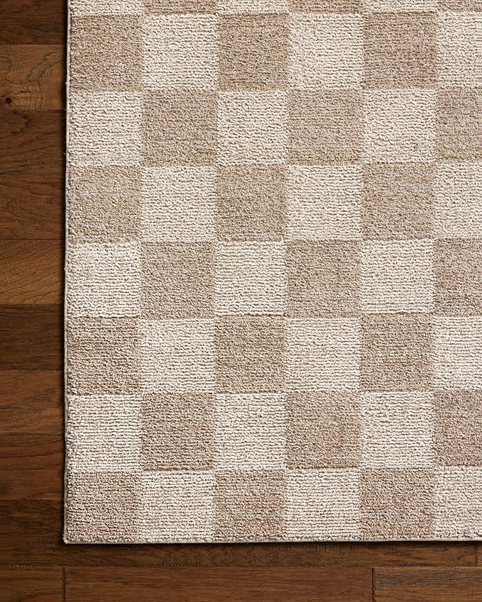 Loloi Chris Loves Julia Calvin Collection CLV-01 Pebble/Ivory 9'-6" x 12'-6" Area Rug Checkered Neutral Soft Living Room Bedroom Carpet