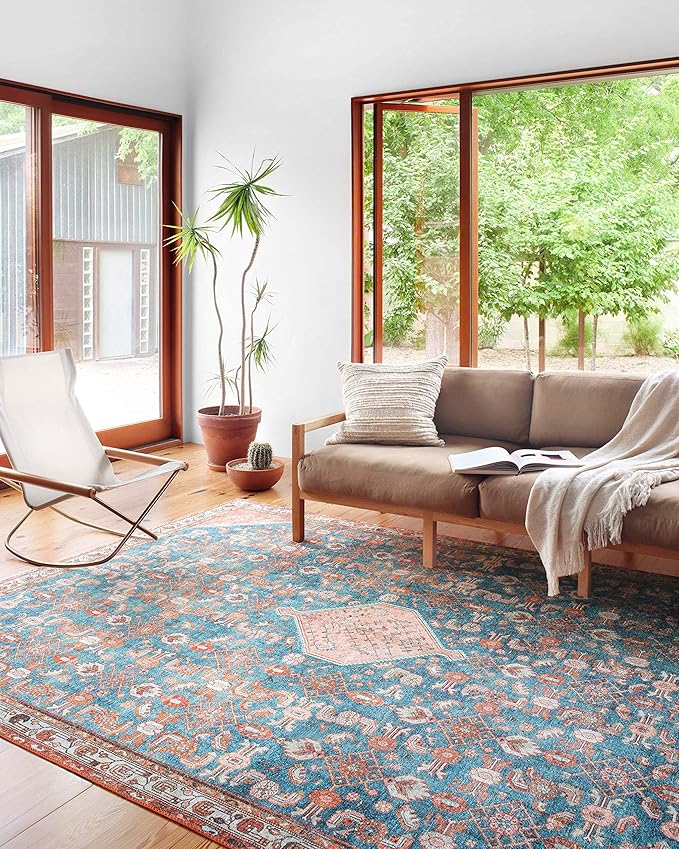 Loloi Layla Collection LAY-10 Marine/Clay 2'-6" x 7'-6" .13" Thick Runner Rug, Soft, Durable, Vintage Inspired, Distressed, Low Pile, Non-Shedding, Easy Clean, Printed, Living Room Rug