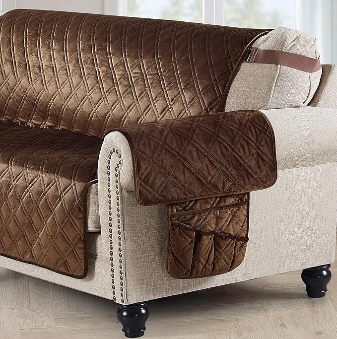 Brilliant Sunshine Chocolate Velvet Couch Armrest 5 Pockets Organizer, Slip Resistant Recliner Armchair Caddy, Washable Remote Controls Holder, Storage for Magazine, Tablet, iPad, 35×13", Chocolate