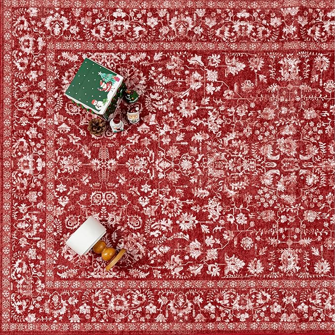 Christmas Area Rug 6x9 Red Washable Living Room Carpet Vintage Floral Holiday Decor Indoor Bedroom Accent Rug Decorative Non Slip Low Pile Xmas Carpet for Dining Room Office Playroom