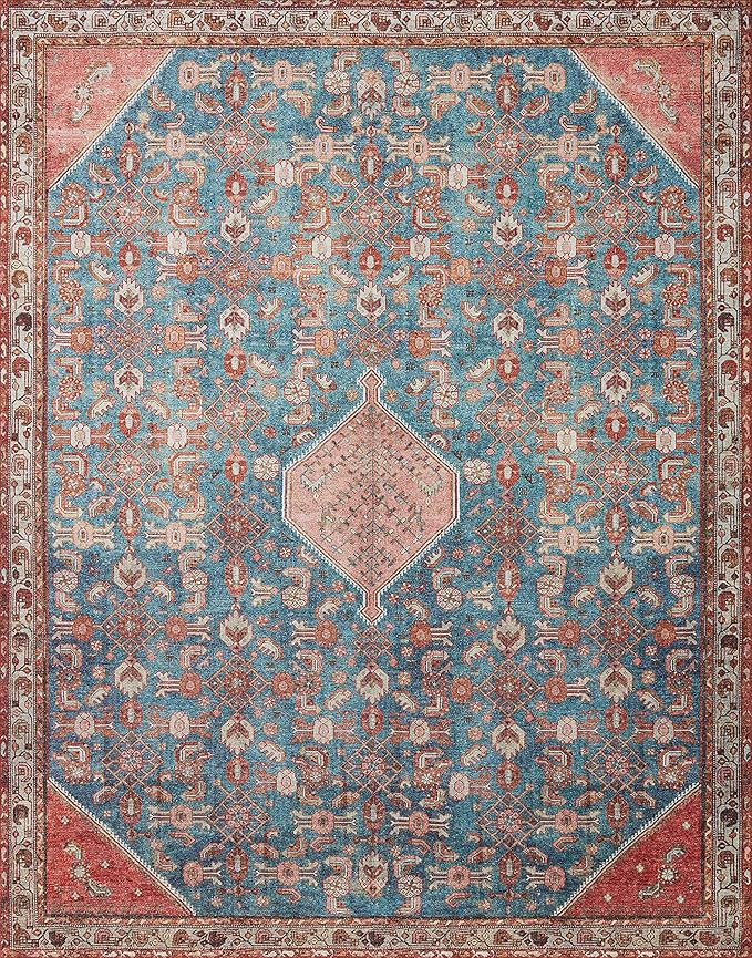Loloi Layla Collection LAY-10 Marine/Clay 7'-6" x 9'-6" .13" Thick Area Rug, Soft, Durable, Vintage Inspired, Distressed, Low Pile, Non-Shedding, Easy Clean, Printed, Living Room Rug