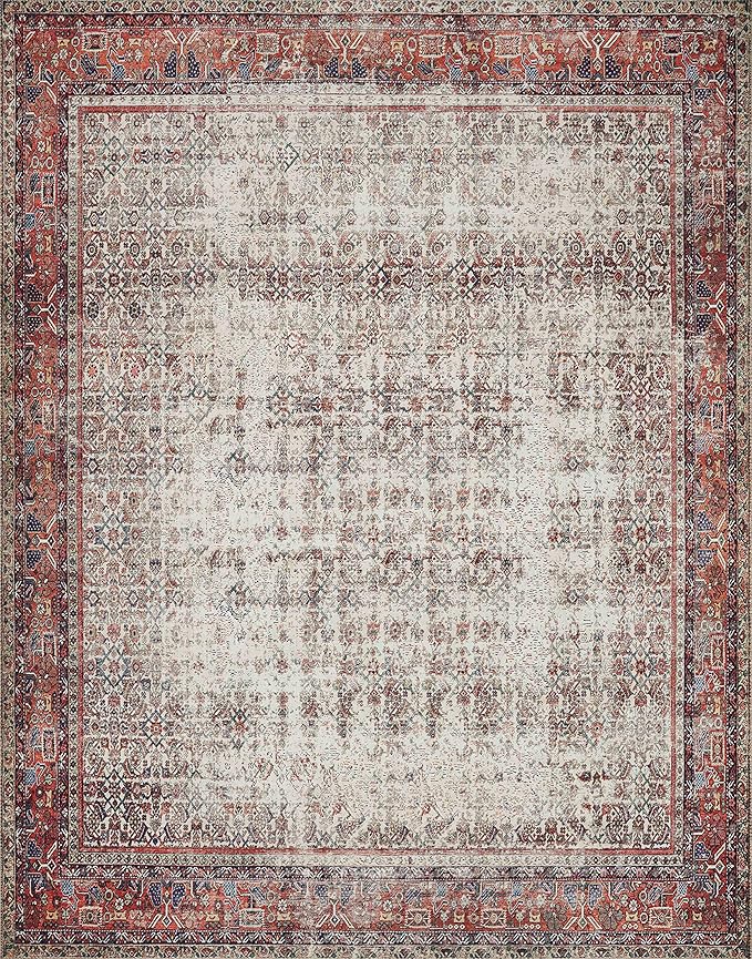 Loloi Layla Collection LAY-12 Ivory/Brick 2'-6" x 7'-6" .13" Thick Runner Rug, Soft, Durable, Vintage Inspired, Distressed, Low Pile, Non-Shedding, Easy Clean, Printed, Living Room Rug